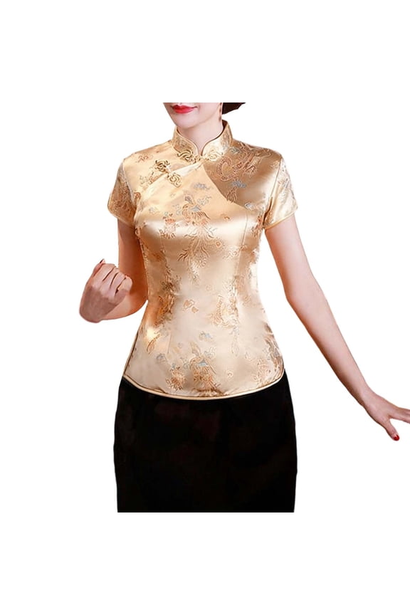 Cheongsam for Women Chinese Style Shirts Women Short Sleeve Blouses Dragon And Phoenix Printed Pattern Cheongsam Inspired Design Ethnic Style Garment For Daily Wear Ethnic Tops Gold