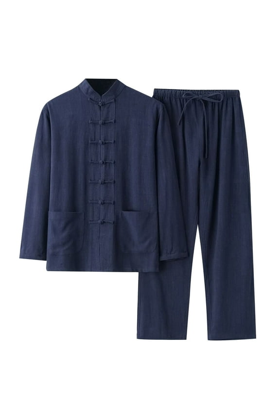 Chinese Tang Suit for Men Kung Fu Uniform Shirt and Pants Traditional Clothes Hanfu Tai Chi Clothes Navy XL