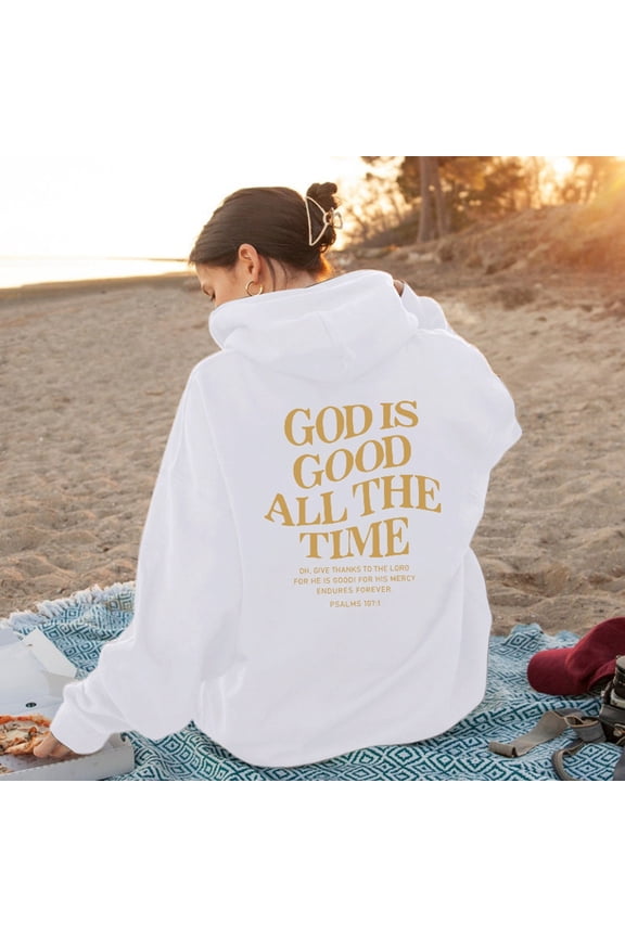 Christian Hoodies For Women God Is Good All The Time Sweatshirt with Pockets Drawstring Bible Verse Religious Fall Tops White L