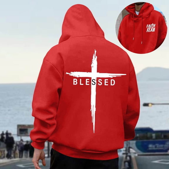 FASHOFT Christian Hoodies for Men Blessed Bible Verse Graphic Sweatshirts Inspirational Religious Faith Pullover Tops Red M
