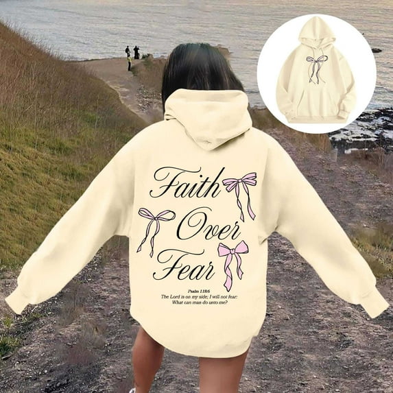 FASHOFT Christian Hoodies for Women Bow Graphic Preppy Sweatshirt Long Sleeve Pullover Y2K Tops Beige L