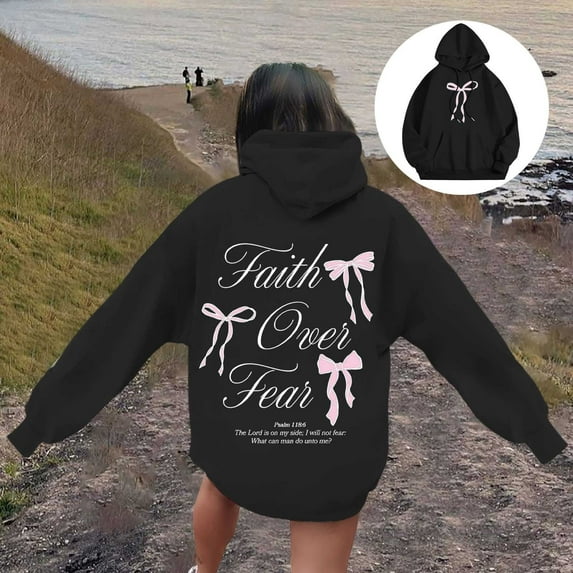 FASHOFT Christian Hoodies for Women Bow Graphic Preppy Sweatshirt Long Sleeve Pullover Y2K Tops Black S