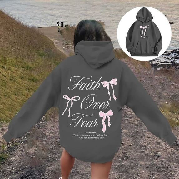 FASHOFT Christian Hoodies for Women Bow Graphic Preppy Sweatshirt Long Sleeve Pullover Y2K Tops Dark Gray L