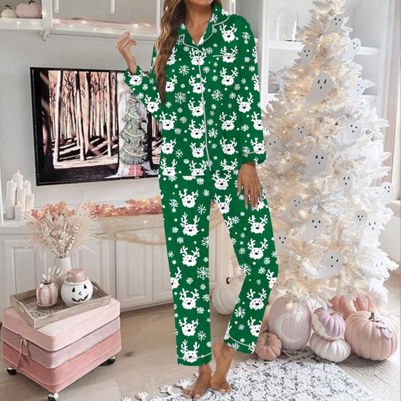 FASHOFT Christmas Pajamas for Women Set Cute Xmas Print Long Sleeve Button up Shirts and Pants 2 Piece Christmas Pjs Soft Holiday Sleepwear Loungewear S