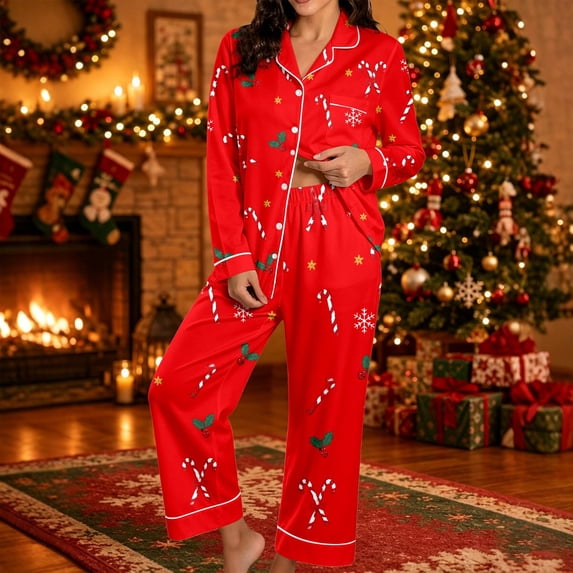 FASHOFT Christmas Pajamas for Women Set Silk Satin Xmas Print Button up Shirts and Pants 2 Piece Christmas Pjs Soft Holiday Long Sleeve Sleepwear Loungewear S