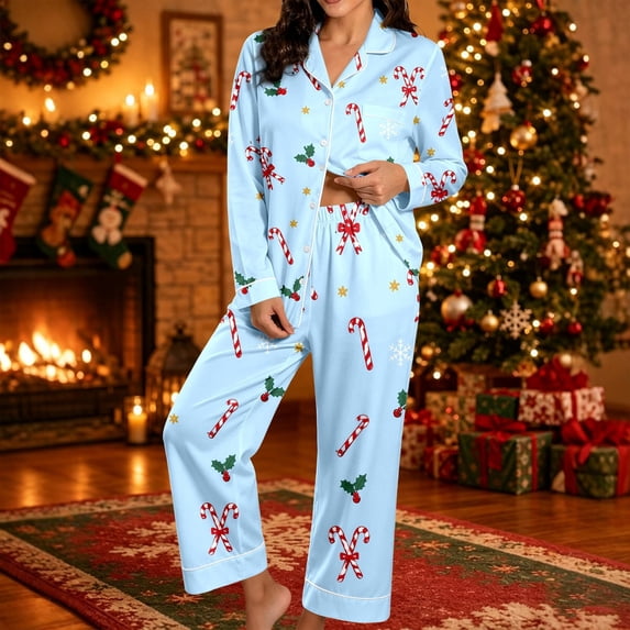 FASHOFT Christmas Pajamas for Women Set Silk Satin Xmas Print Button up Shirts and Pants 2 Piece Christmas Pjs Soft Holiday Long Sleeve Sleepwear Loungewear XL