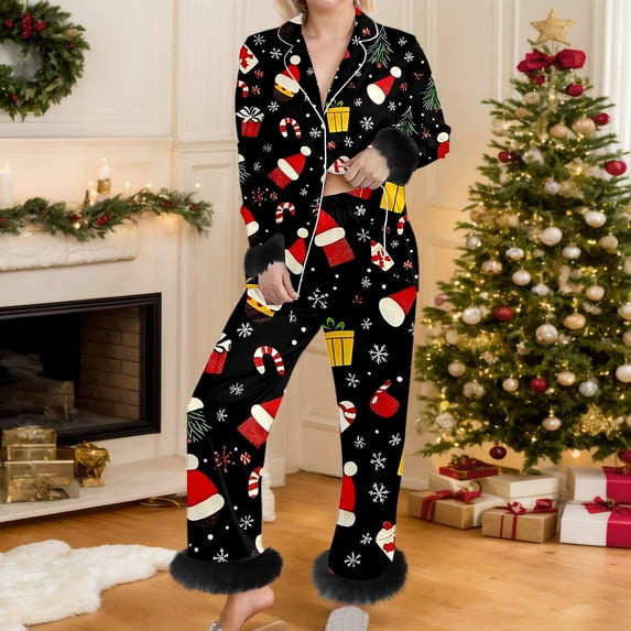 FASHOFT Christmas Pajamas for Women Set 2 Piece Feather Long Sleeve Sleepwear Soft Button Down Pjs Sets Notch Collar Soft Loungewear M