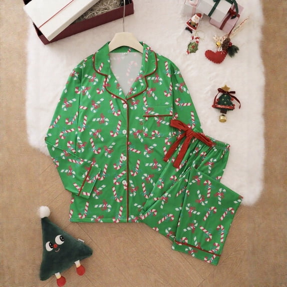 FASHOFT Christmas Pajamas for Women Set Cute Candy Cane Graphic Button Down 2 Piece Pjs Pants Set Ruffle Notch Collar Xmas Sleepwear L