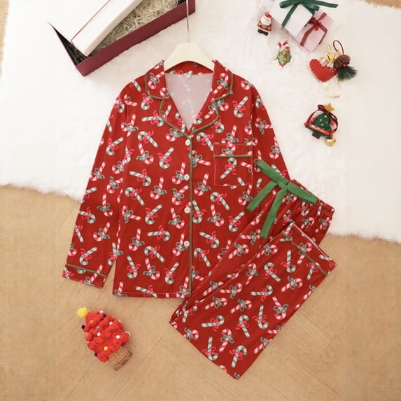 FASHOFT Christmas Pajamas for Women Set Cute Candy Cane Graphic Button Down Shirts and Pants 2 Piece Pjs Set Ruffle Notch Collar Xmas Sleepwear L