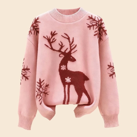 FASHOFT Christmas Sweaters For Women Deer Jacquard Crew Neck Knit Pullover Loose Womens Top Trendy Casual Sweater Fall Sweater Pink L