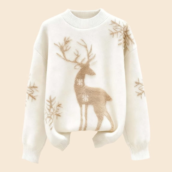 FASHOFT Christmas Sweaters For Women Deer Jacquard Crew Neck Knit Pullover Loose Womens Top Trendy Casual Sweater Fall Sweater White S