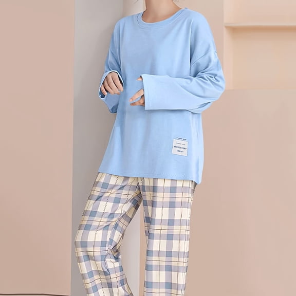 FASHOFT Comfy Pajamas for Women Set 2 Piece Plaid Pjs Long Sleeve Lounge Sets Soft Gingham Nightwear with Pockets Light Blue XXL