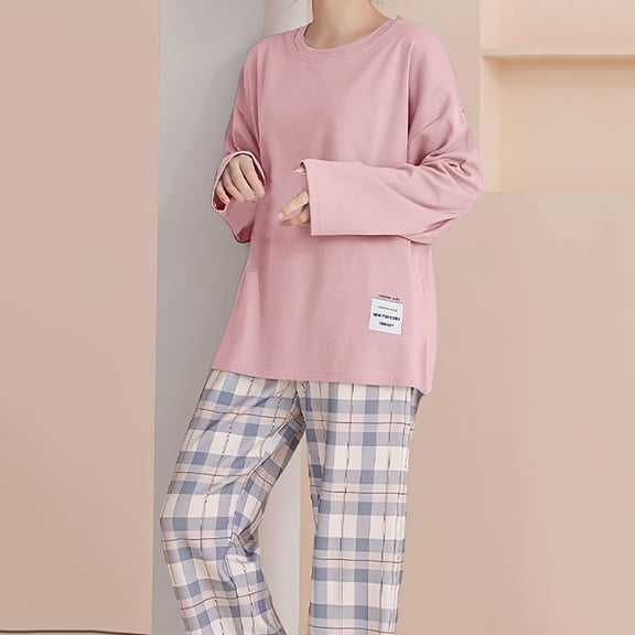 FASHOFT Comfy Pajamas for Women Set 2 Piece Plaid Pjs Long Sleeve Lounge Sets Soft Gingham Nightwear with Pockets Pink M