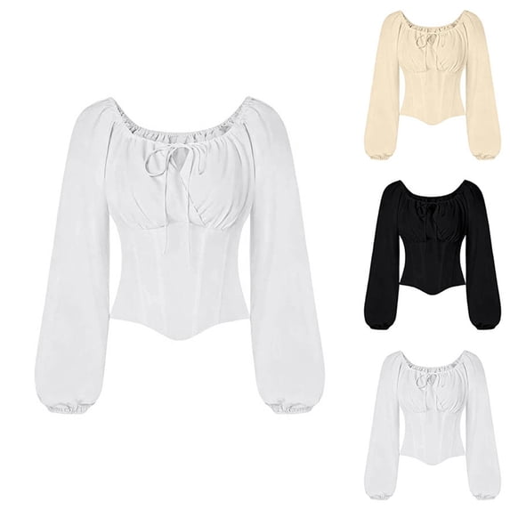 FASHOFT Corset Tops for Women Elastic Neckline Renaissance Shirt Off The Shoulder Casual Dressy Peasant Blouse Beige L