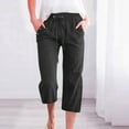thumbnail image 1 of FASHOFT Cotton Linen Capri Pants for Women Casual Summer Straight Wide Leg Loose Fit Elastic Waist Cropped Trouser with Pockets Drawstring Black L, 1 of 3