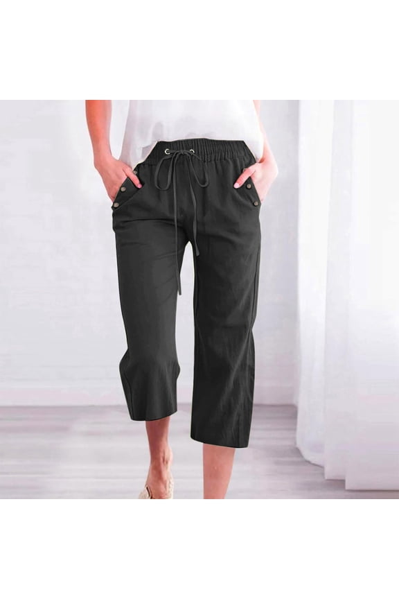Cotton Linen Capri Pants for Women Casual Summer Straight Wide Leg Loose Fit Elastic Waist Cropped Trouser with Pockets Drawstring Black L