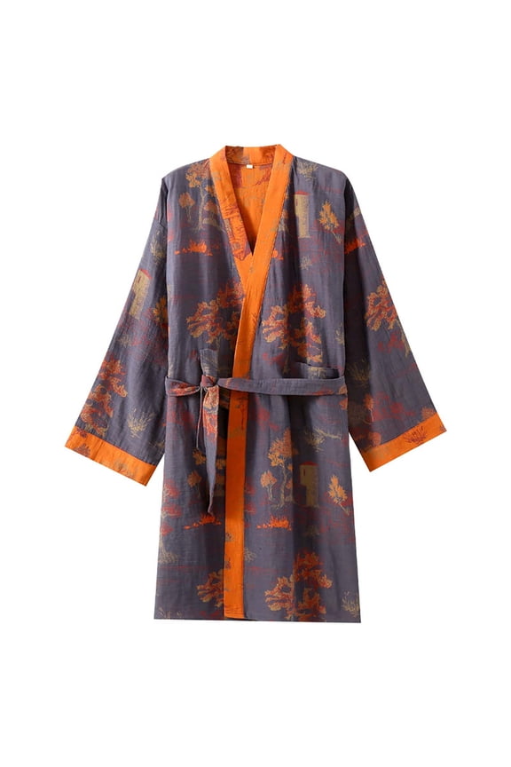 Cotton Yarn Robe For Men Jacquard Bathrobe With Belt Loose Large Size Loungewear For Spa Home Couple Sleep Robes Grey