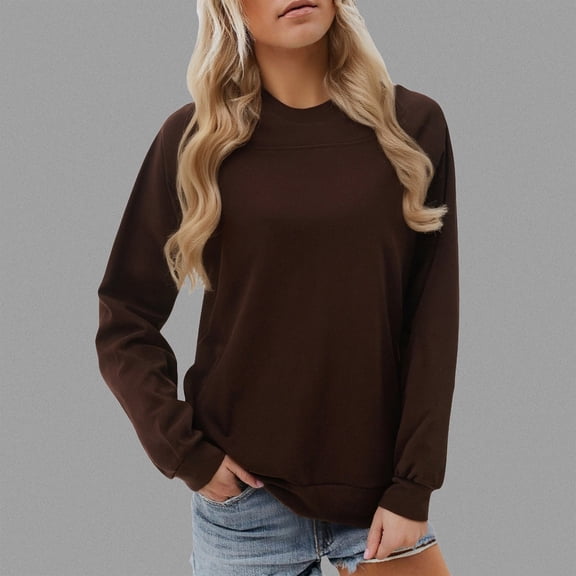 FASHOFT Crewneck Fall Sweatshirts for Women Trendy Womens Plain Long Sleeve Pullover Tops with Pockets Fashion Coffee L