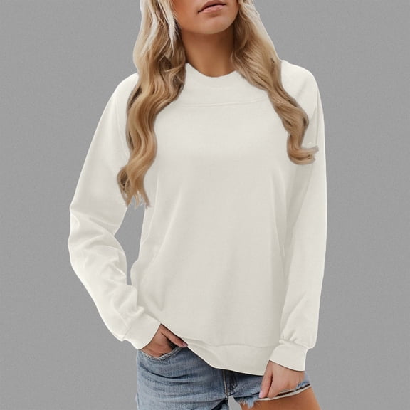 FASHOFT Crewneck Fall Sweatshirts for Women Trendy Womens Plain Long Sleeve Pullover Tops with Pockets Fashion White M