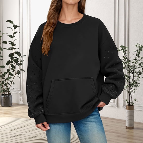 FASHOFT Crewneck Sweatshirt for Women Oversized Solid Hoodies Trendy Long Sleeve Tops Fashion Casual Pullover Black M