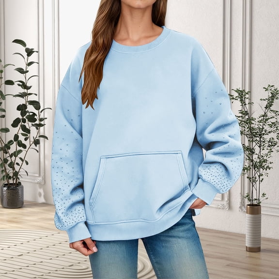 FASHOFT Crewneck Sweatshirt for Women Oversized Solid Hoodies Trendy Long Sleeve Tops Fashion Casual Pullover Light Blue M