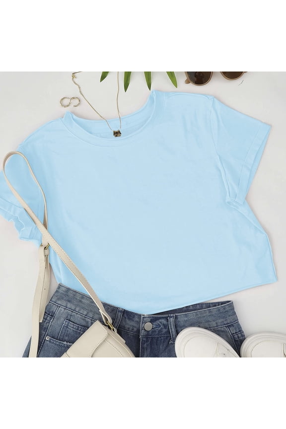 Crop Tops for Women Cropped T Shirts Trendy Short Sleeve Crew Neck Solid Basic Tee Light Blue S