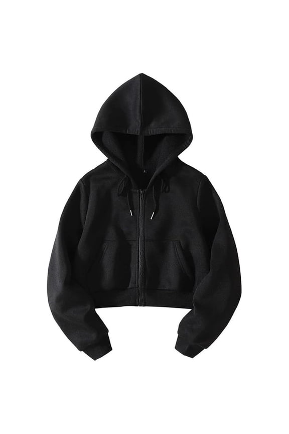 Cropped Hoodie Women Zip Up Long Sleeve Sweatshirts Casual Fashion Hooded Workout Jacket Crop Top Black XL