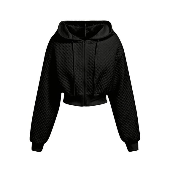 FASHOFT Cropped Hoodies for Women Full Zip Long Sleeve Sweatshirts Casual Fashion Hooded Workout Jacket Crop Top Black S
