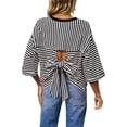 thumbnail image 1 of FASHOFT Cute Bow Back Tie Striped T Shirts for Women Cap Sleeve Casual Summer Top 3/4 Sleeve Crew Neck Tshirt Black L, 1 of 9