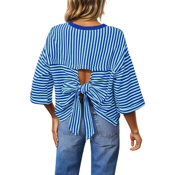 FASHOFT Cute Bow Back Tie Striped T Shirts for Women Cap Sleeve Casual Summer Top 3/4 Sleeve Crew Neck Tshirt Blue M
