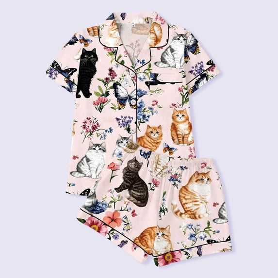 FASHOFT Cute Cat Print Pajamas For Women Set 2 Piece Summer Button Up Pjs Sets Lounge Matching Button Shirt with Shorts Sleepwear Pink L