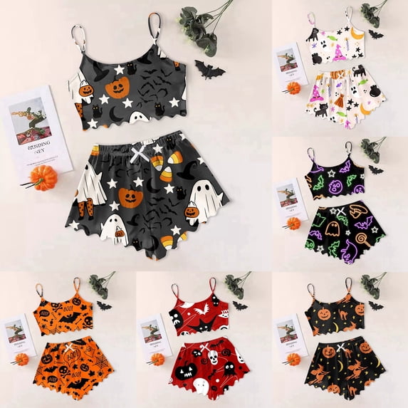 FASHOFT Cute Halloween Pajama Sets for Women 2 Piece Summer Ghost Print Cami Top and Shorts Pj Set Purple M