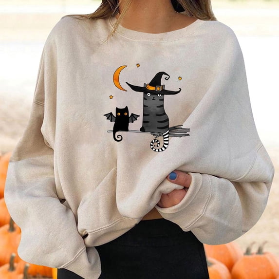 FASHOFT Cute Halloween Sweatshirt for Women Ghost Graphic Oversized Sweater Long Sleeve Crew Neck Pullover Tops Fall Winter Casual Holiday Hoodie Beige M