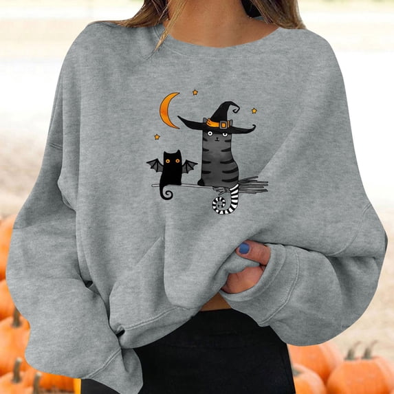 FASHOFT Cute Halloween Sweatshirt for Women Ghost Graphic Oversized Sweater Long Sleeve Crew Neck Pullover Tops Fall Winter Casual Holiday Hoodie Grey XL