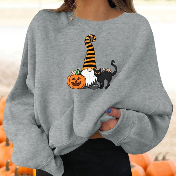 FASHOFT Cute Halloween Sweatshirts for Women Ghost Graphic Oversized Sweater Long Sleeve Crew Neck Pullover Tops Fall Winter Casual Holiday Hoodie Grey M