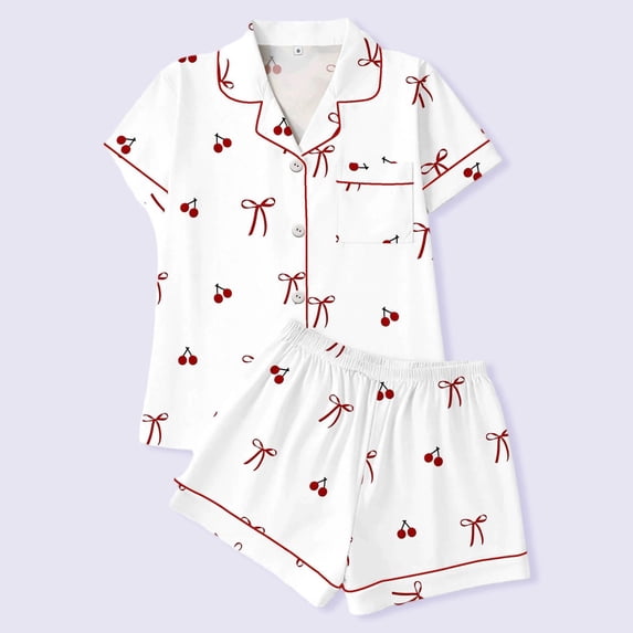 FASHOFT Cute Pajamas For Women Set 2 Piece Bow Print Summer Pjs Sets Lounge Matching Button Shirt with Shorts Sleepwear White L