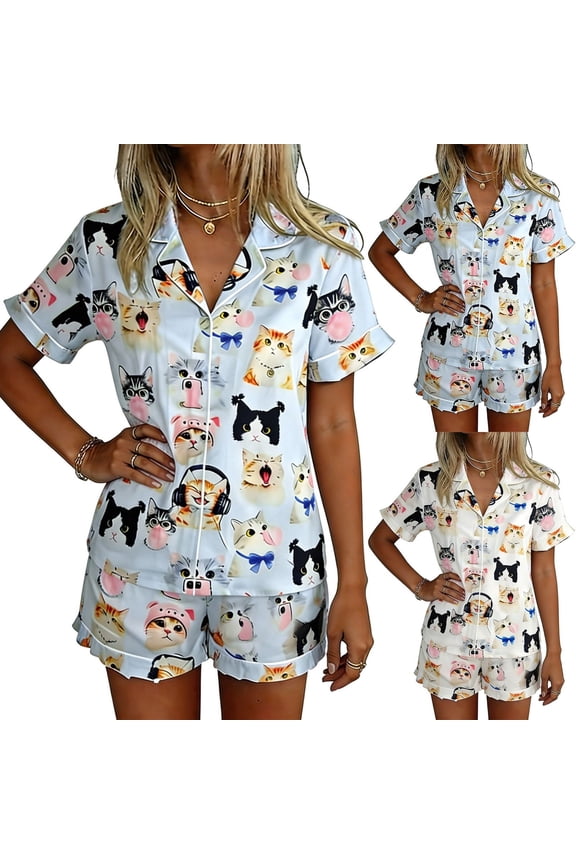 Cute Pajamas For Women Set 2 Piece Summer Button Up Funny Cat Print Pjs Sets Lounge Matching Button Shirt with Shorts Sleepwear Light Blue L
