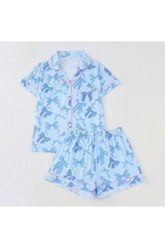 Cute Pajamas Set for Women Bow Print Short Sleeve Sleepwear Button Down Valentine's Day Pjs Loungewear Soft Nightwear Blue L