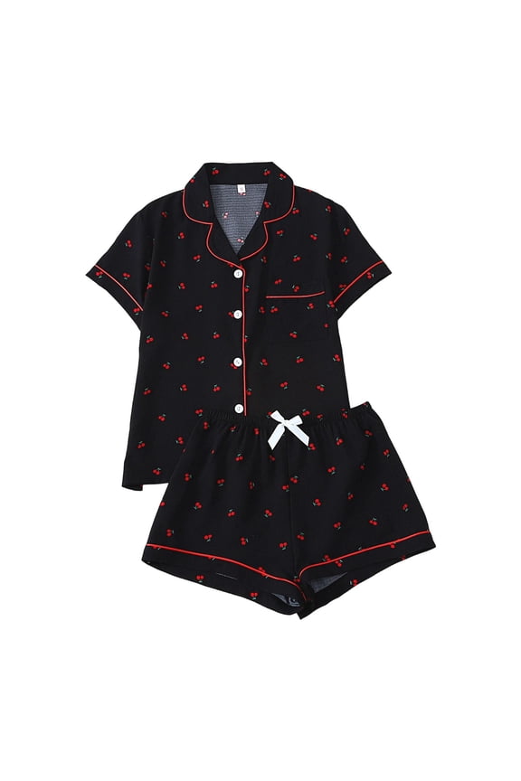 Cute Pajamas for Women Set 2 Piece Button Down Cherry Print Pjs Shorts Sets with Drawstring Short Sleeve Loungewear Soft Sleepwear Black L