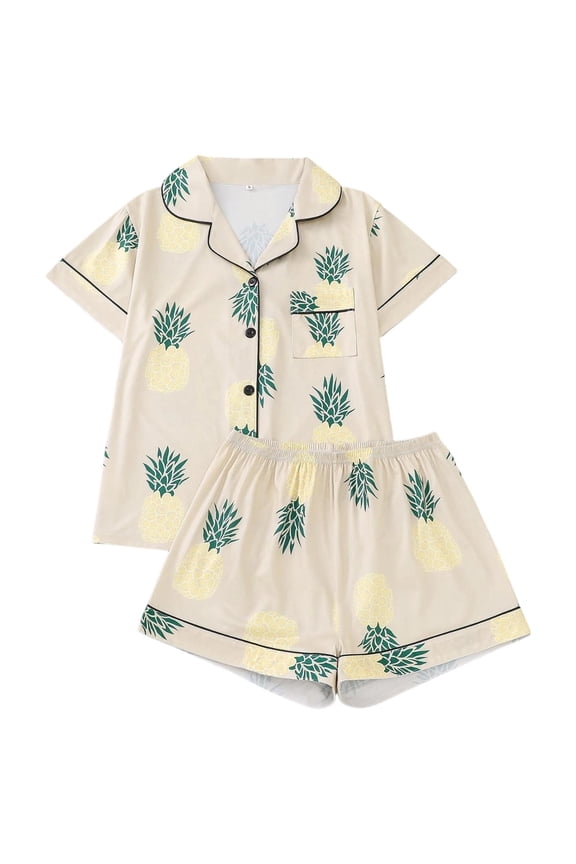 Cute Pajamas for Women Set Fruit Print 2 Piece Button Up Short Sleeve Pj Soft Lounge Valentines Day Sleepwear White S