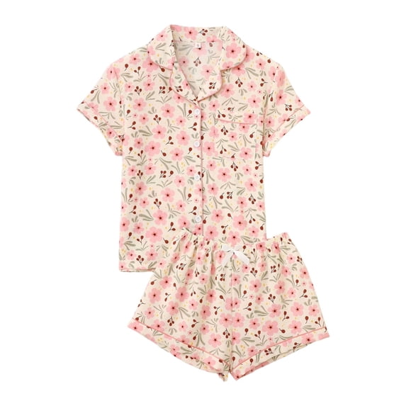 FASHOFT Cute Pajamas for Women Set Summer Button Up Short Sleeve Shirts with Shorts Pj Set Lounge 2 Piece Matching Pjs Pink L