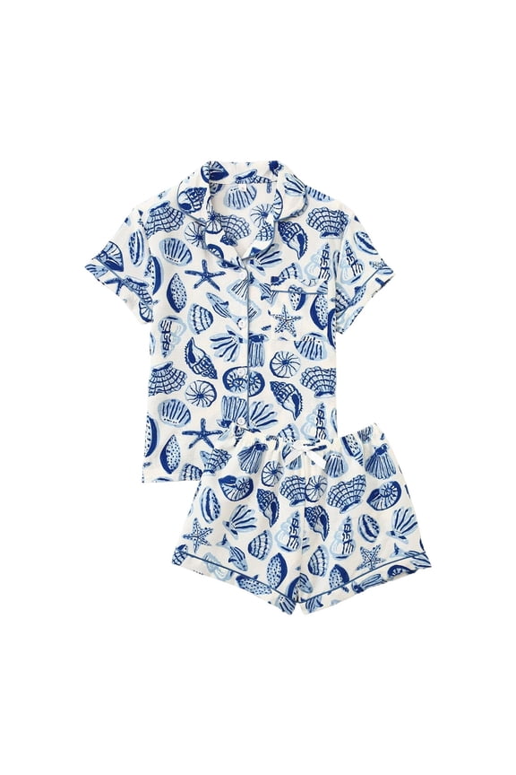 Cute Pajamas for Women Set Summer Floral Print Button Up Short Sleeve Shirts with Shorts Pj Set Lounge 2 Piece Matching Pjs Blue L