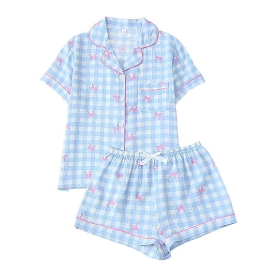 FASHOFT Cute Pj Bow Pajamas Sets for Women 2 Piece Button Up Short Sleeve Nightwear Soft Lounge Valentines Sleepwear Sky Blue L
