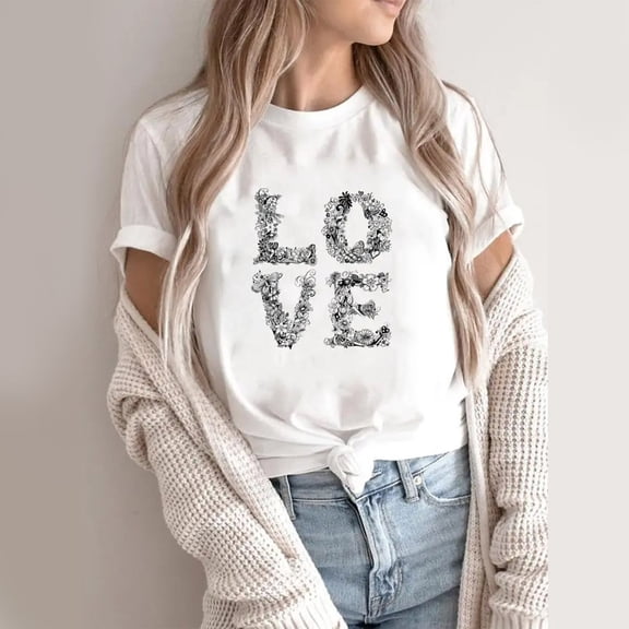 FASHOFT Cute Valentines Shirts for Women Love Heart Graphic Tees Crewneck Short Sleeve Funny Casual Valentine's Day T-Shirt Grey L