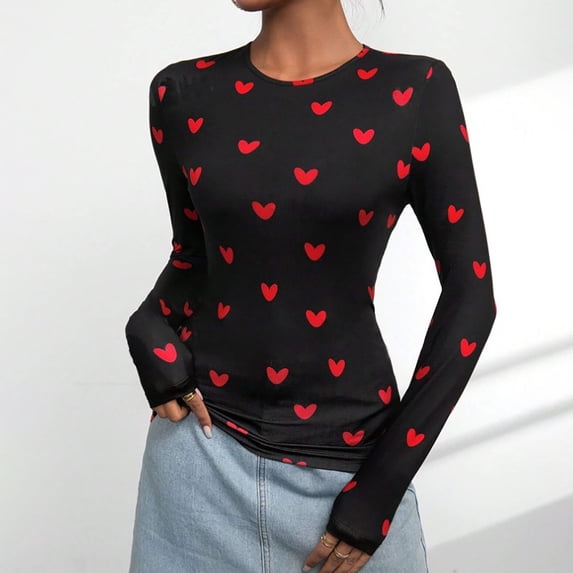 FASHOFT Cute Valentines Shirts for Women Slim Fit Love Heart Graphic Long Sleeve Shirt Casual Tshirt Lightweight Top Black M