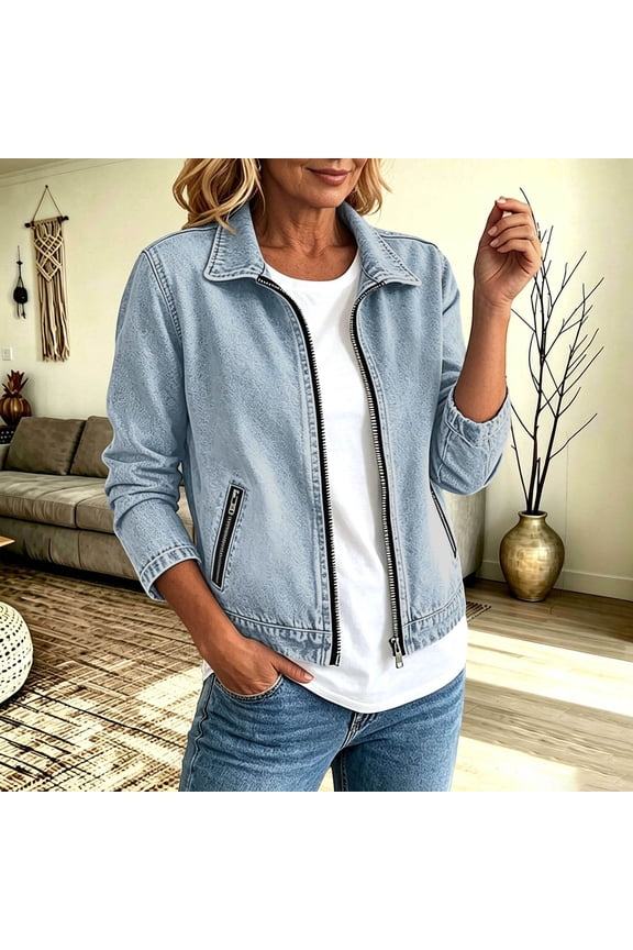 Denim Jacket for Women Zip Up Spring Fall Casual Jean Jacket Relaxed Fit Classic Denim Coat Light Blue XL