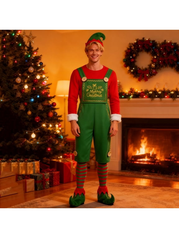 Elf for Men Christmas Outfits Overall Shorts Long Sleeve Shirt with Hat Striped Stockings Shoes 5 Piece Christmas XL