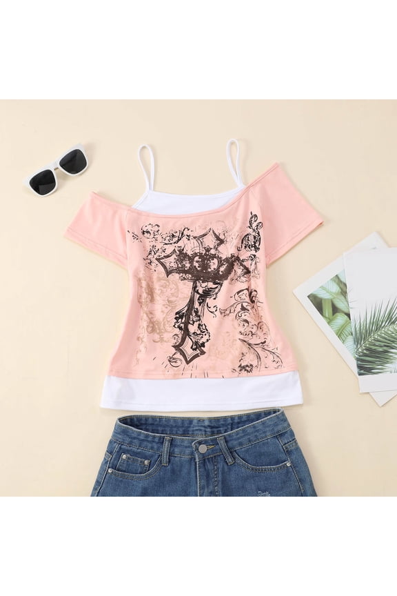 Emo Grunge Shirts for Women 2000s Graphic Baby Tees Two Piece Short Sleeve Vintage Y2k Crop Top Goth Alt T-Shirts Red L