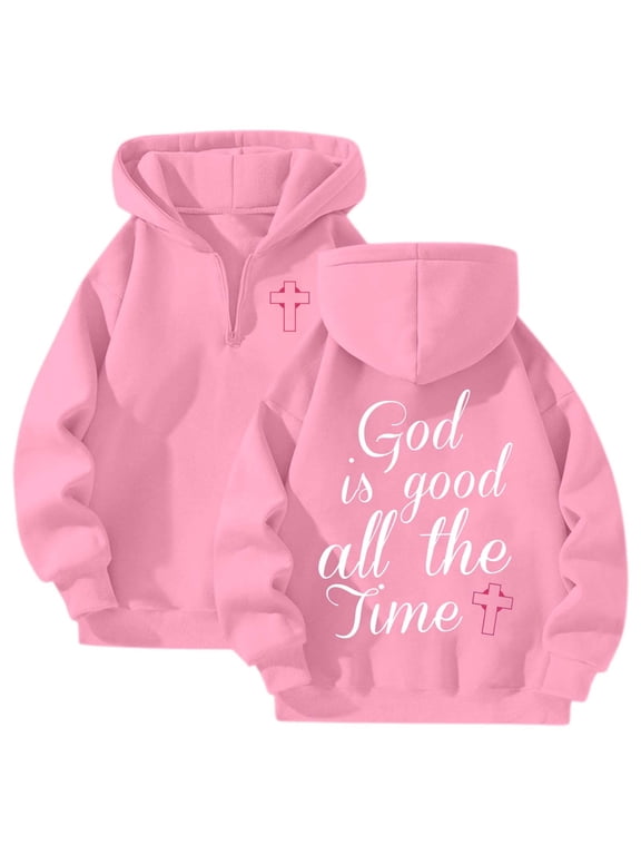 Faith Quarter Zip up Hoodies for Women Christian Bible Verse Religious Sweatshirt God Is Good All The Time Long Sleeve Pullover Tops Pink S