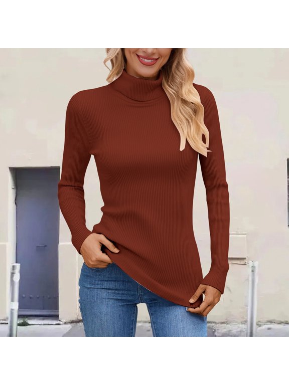 Fall Sweaters For Women Turtleneck Knit Pullover Base Layer Sweater Soft Stretchy Comfortable Casual Long Sleeve Daily Wear Knit Sweater Brick Red ONE SIZE